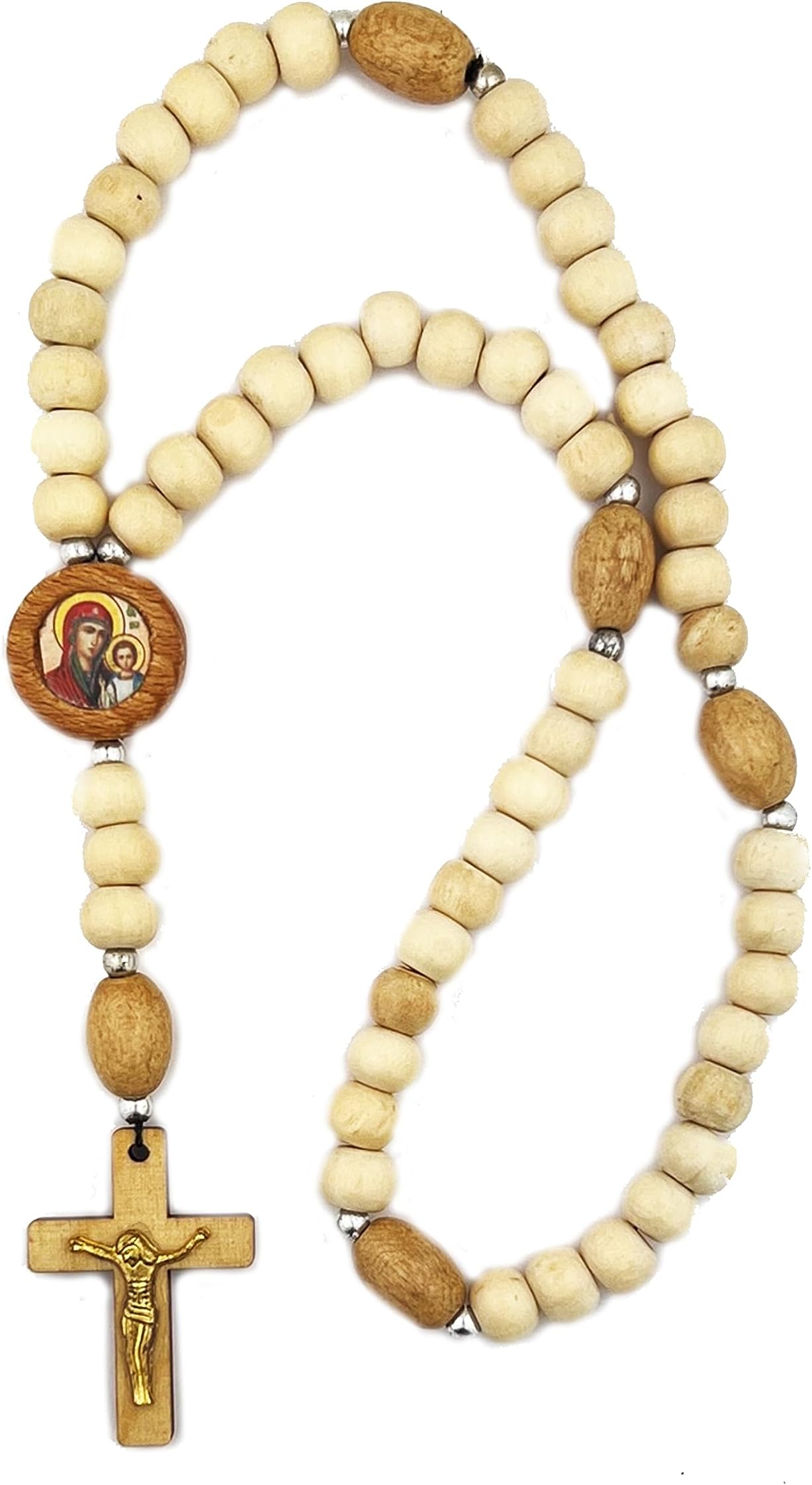 AIntl Our Lady of Kazan and Christ The Teacher Byzantine Icon on Catholic White Wooden Rosary 13 Inch