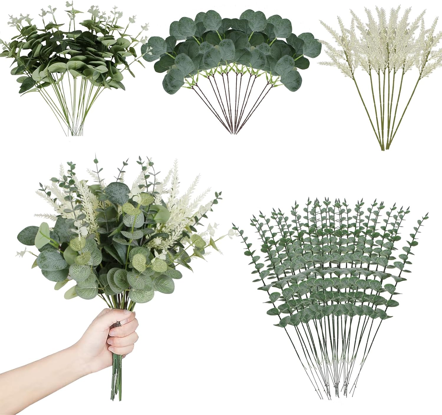 Coreland Artificial Eucalyptus Leaves Stems 120 Pcs 4 Kinds Mixed Fake Silver Dollar Eucalyptus Leaves Stem Bulk Faux Leaf for DIY Bouquets Floral Arrangement Wedding Home Decor