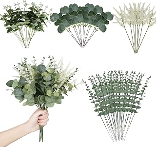Artificial Eucalyptus Leaves Stems 120 Pcs 4 Kinds Mixed Fake Silver Dollar Eucalyptus Leaves Stem Bulk Faux Leaf for DIY Bouquets Floral Arrangement Wedding Home Decor