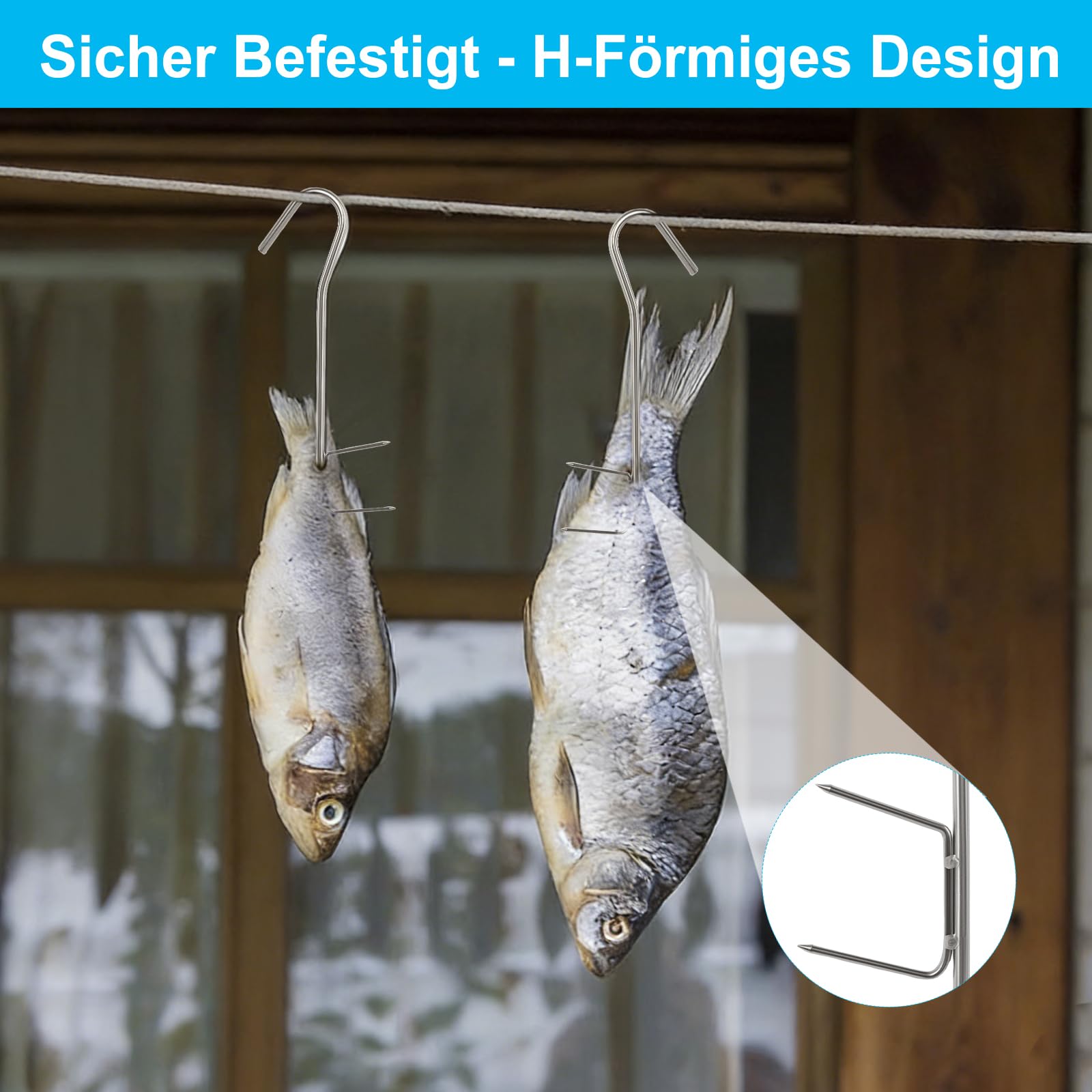 14 Stück Räucherhaken, Fleischerhaken Edelstahl Fleischhaken H-Form 21cm Silver Profi, Groß Fleischerhaken für Fleischverarbeitung Räuchern Fisch Forelle Lachs - 5