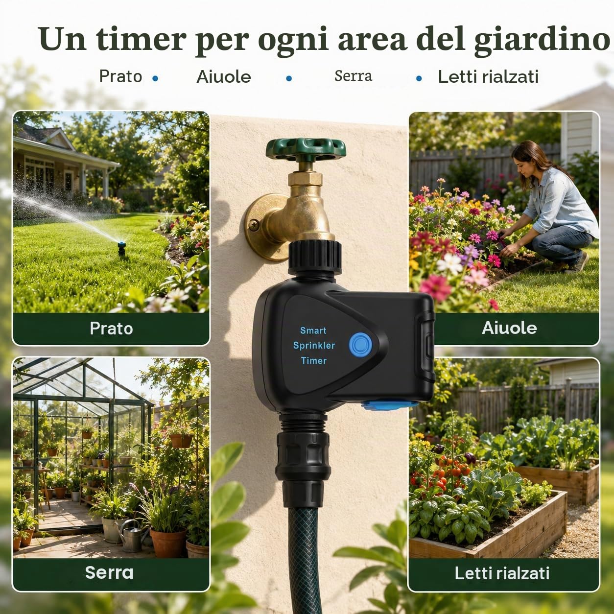 Timer Irrigazione WiFi con Misuratore d'Acqua Integrato, Programmatore Irrigazione Smart senza Hub, Controllo App 2,4 GHz, Irrigazione a Volume, Programmazione, IP65 per Giardino Prato Serra