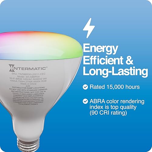 Miniatura 3 de Intermatic ABRA BR30 - Bombilla inteligente Wi-Fi, 750 lúmenes, LED RGB que cambia de color controlado por voz, compatible con Alexa y Google Home,