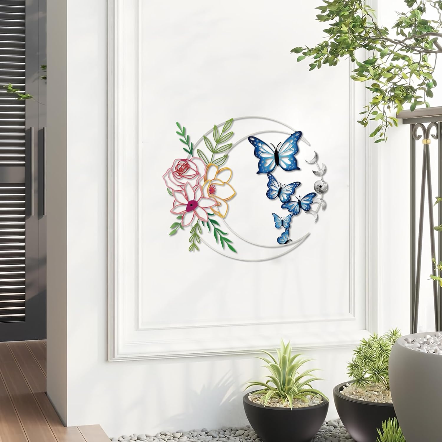ruelen Metal Moon Wall Art Colorful Floral Butterfly Wall Art for Indoor Living Room Bedroom Bathroom Outdoor Garden Yard Fence Farmhouse Decoration (Colorful)