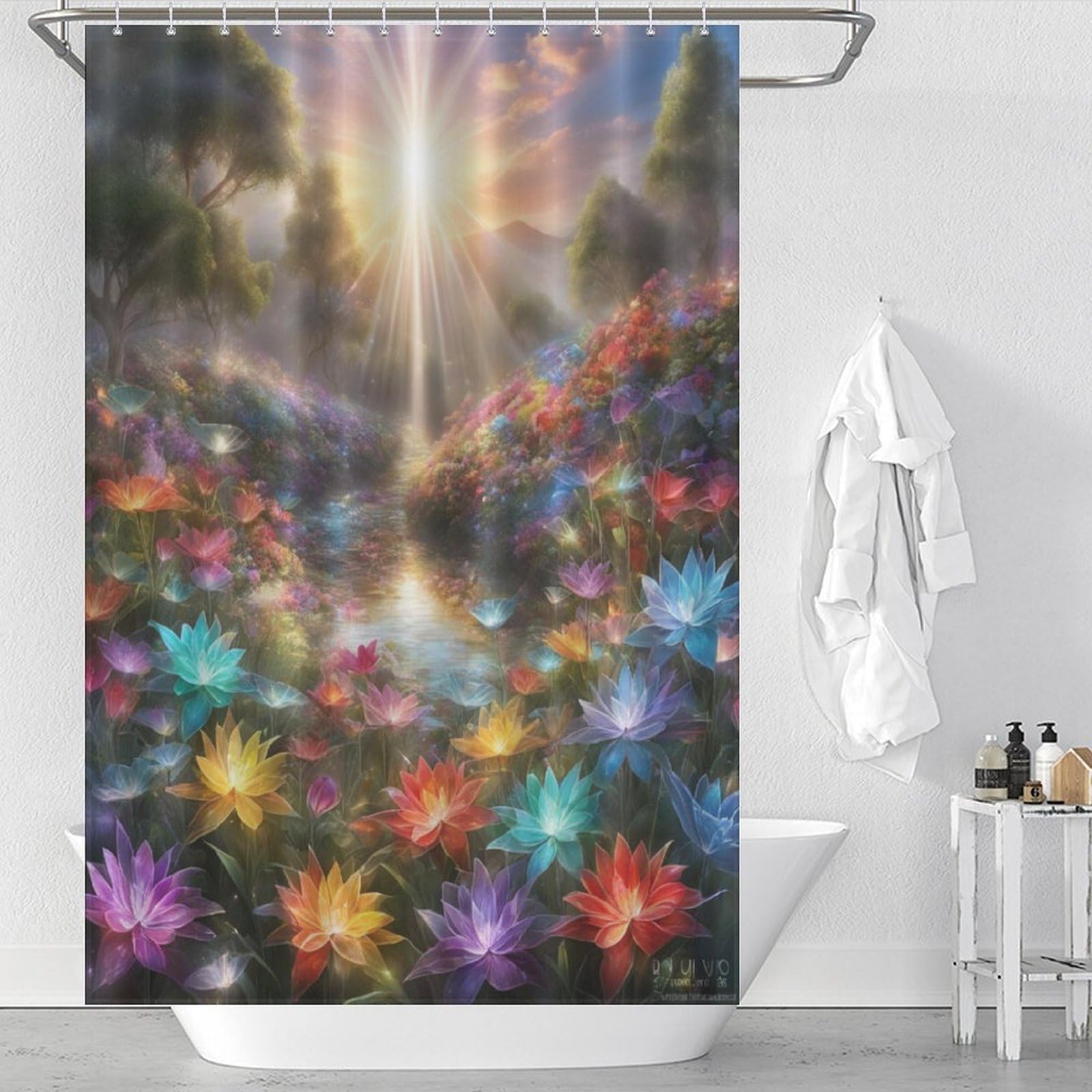 Rideau de douche lotus coloré 122x183cm en tissu polyester lavable avec 12 crochets