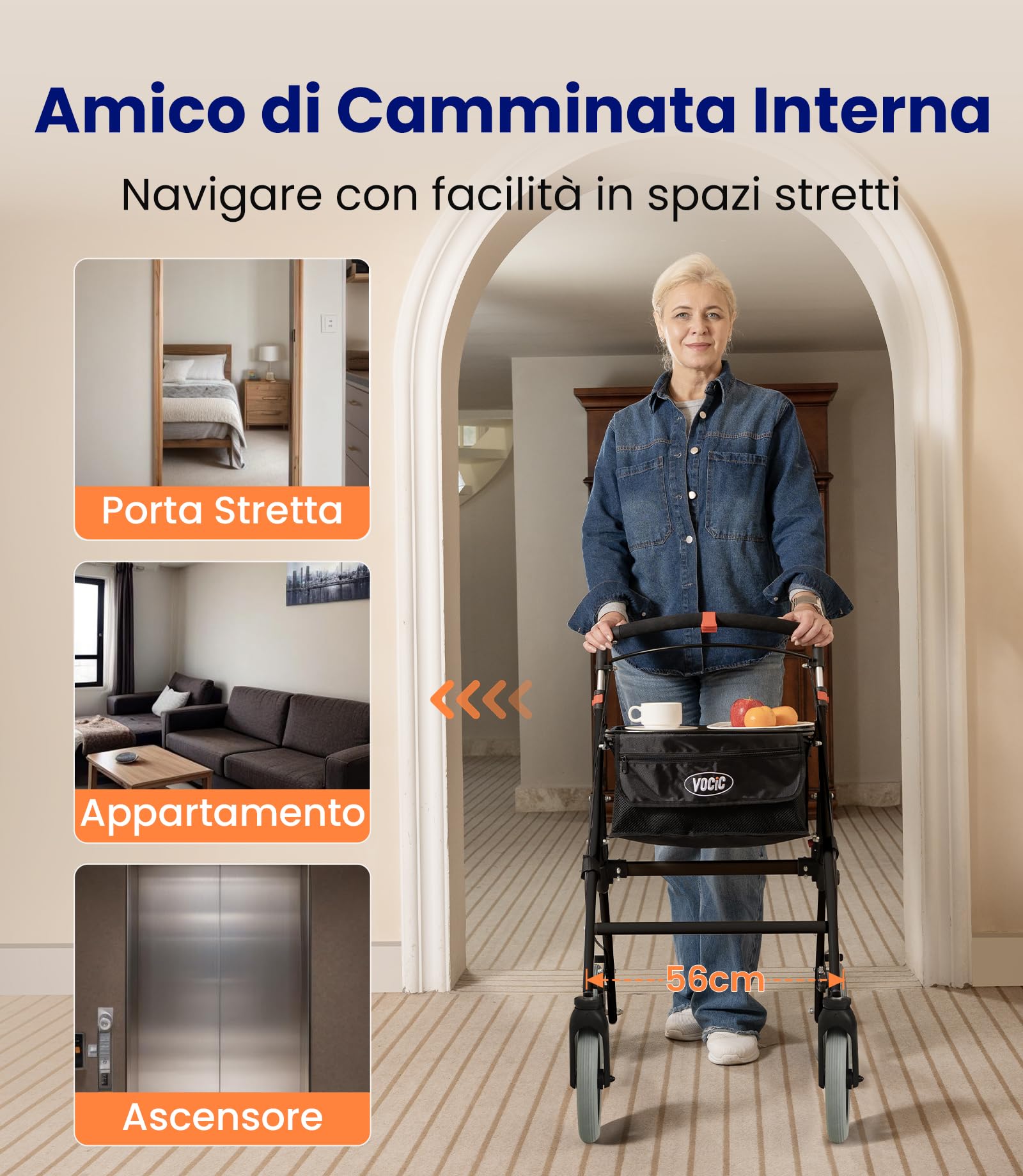 VOCIC Z32 Deambulatore sottile per casa, deambulatore interno pieghevole e leggero, stabile rollator con spuer pneumatici antiscivolo silenziosi, deambulatori per anziani pieghevole vassoio, nero