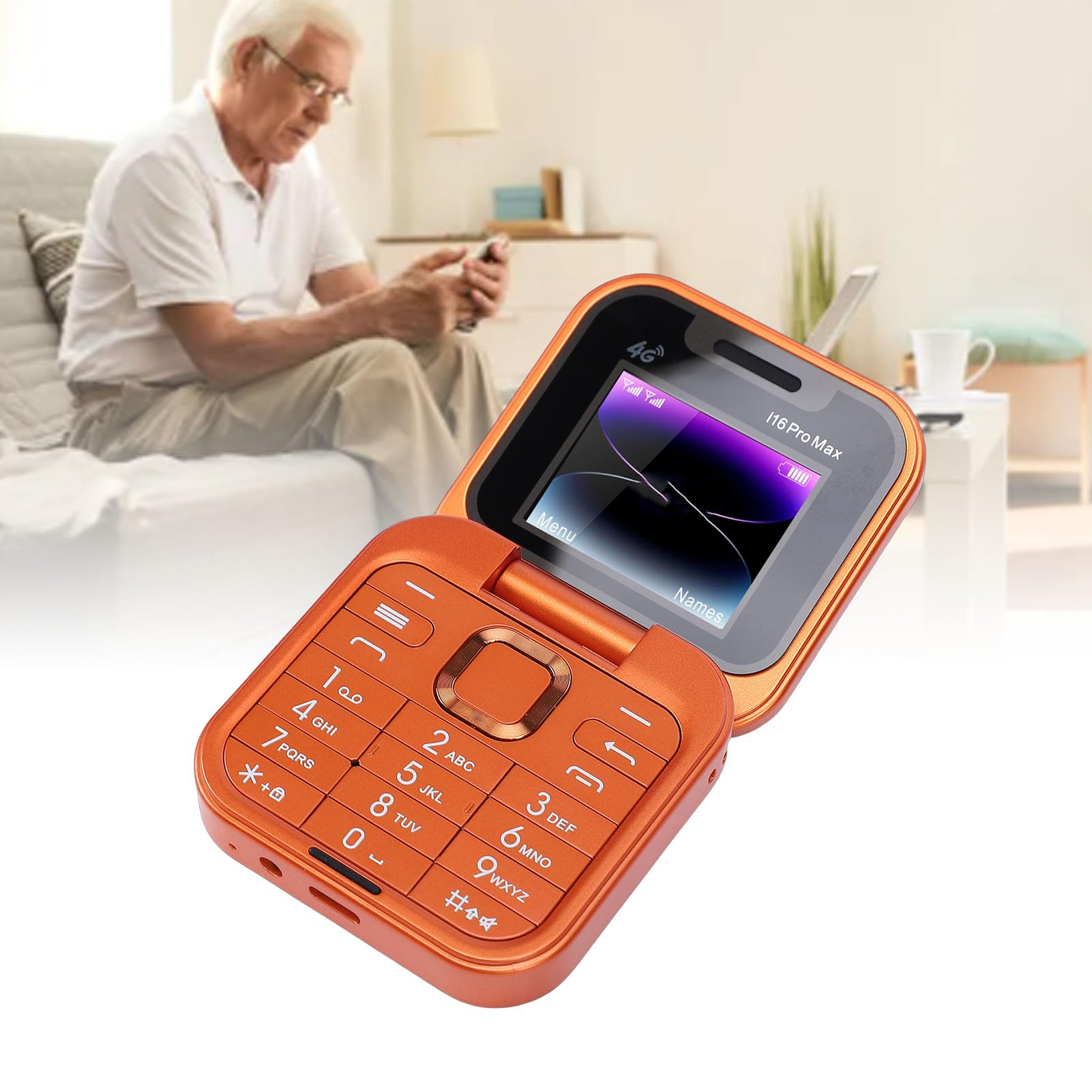 Elprico Teléfono con Tapa 4G LTE, Teléfono Celular Desbloqueado para Personas Mayores con Doble SIM en Espera, Pantalla de 1,77 Pulgadas con Bluetooth 5.0 y Altavoz de Alto Volumen, para (Orange)