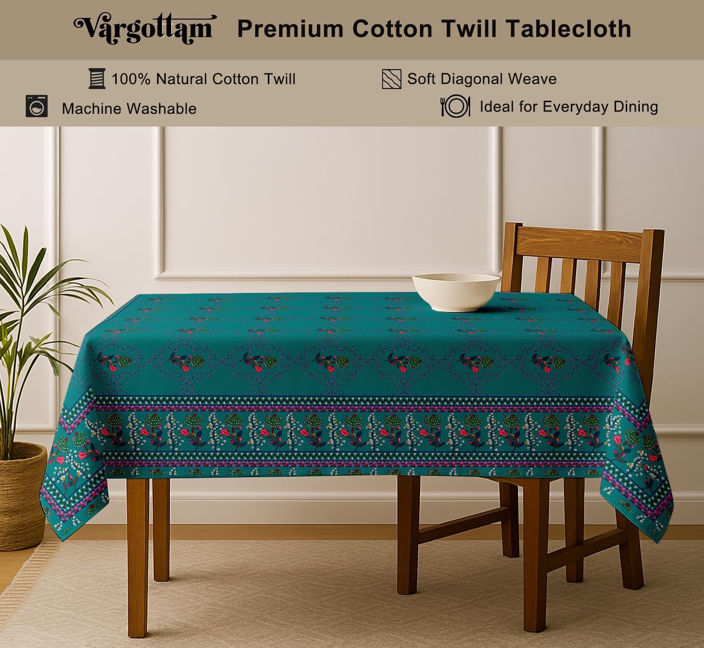 Floral Theme Cotton Tablecloth - Green 54X54 Inch Dining Table Cover, Fits 4 to 6 Seater Tables, Strong Green Stylish, Machine Washable, Perfect for Family Meals, Parties