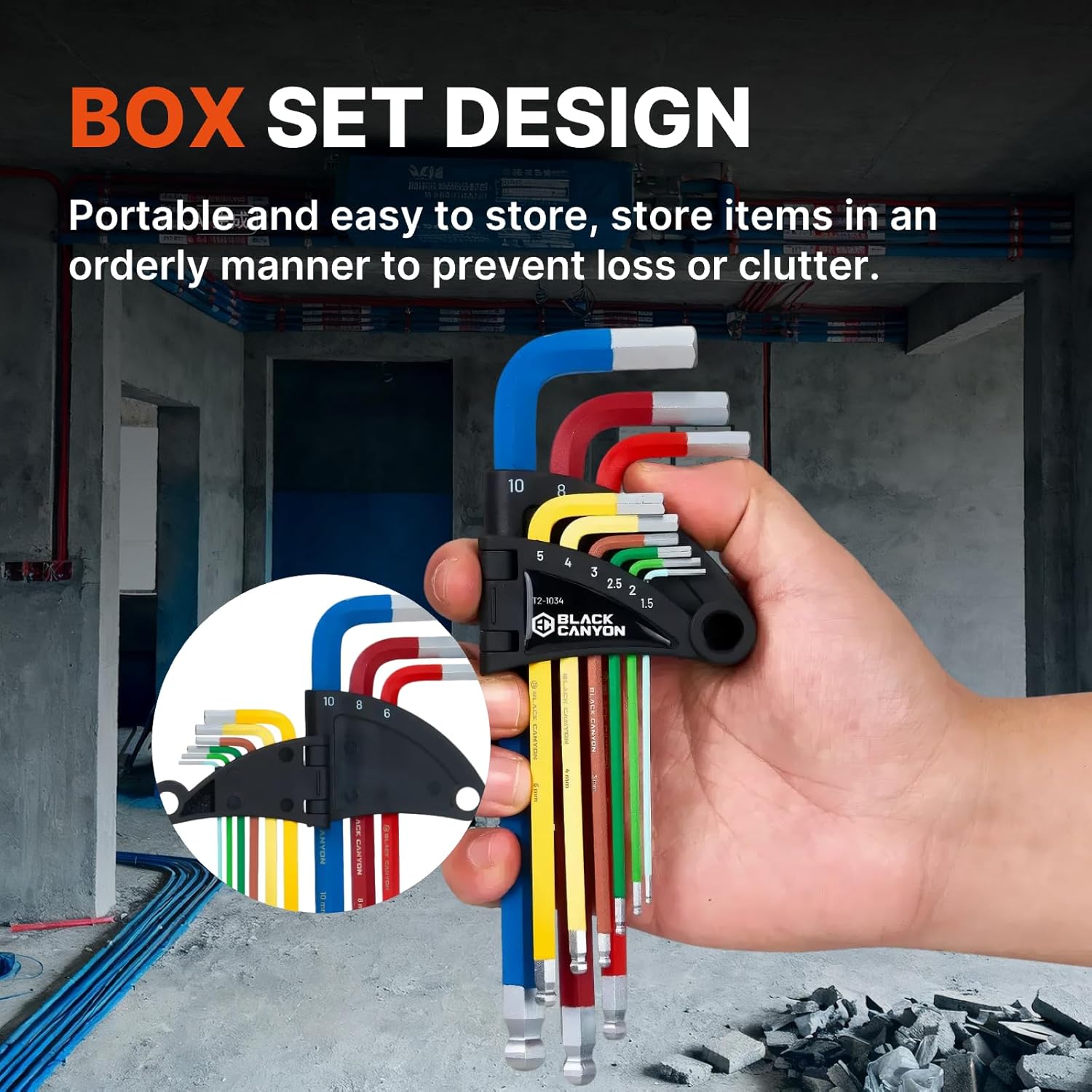 BLACK CANYON Hex Key Set, 9 pcs Metric allen key set, Ball End, 1.5 mm-10 mm, Color-Coded Handle, Chrome, High Torque Steel, L-Shape Design, for Construction, Chemical Industry, Transportation