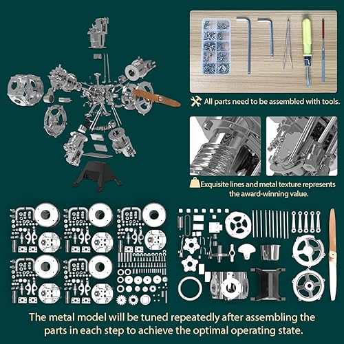 Miniatura 3 de JoySeed Kit de motor de motor, 16 de metal y 6 cilindros, modelo de motor de avión con función de trabajo, para niños y adultos, 230+PC, 7.8 x 7.8