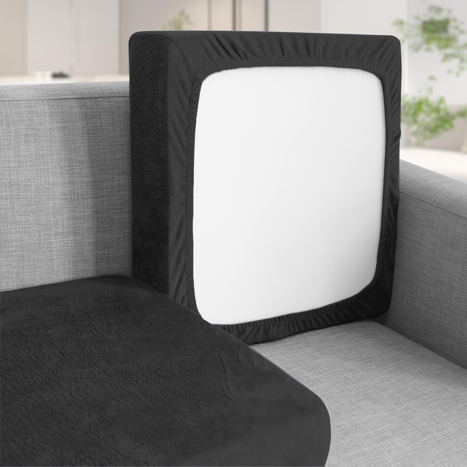 Teynewer Sofa Seat Cushion Cover, Sofa Cushion Slipcovers Stretch Velvet, Universal Non-Slip Couch Cushion Covers Replacement for Individual Cushion with Elastic Bottom (Chaise Cover, Black)