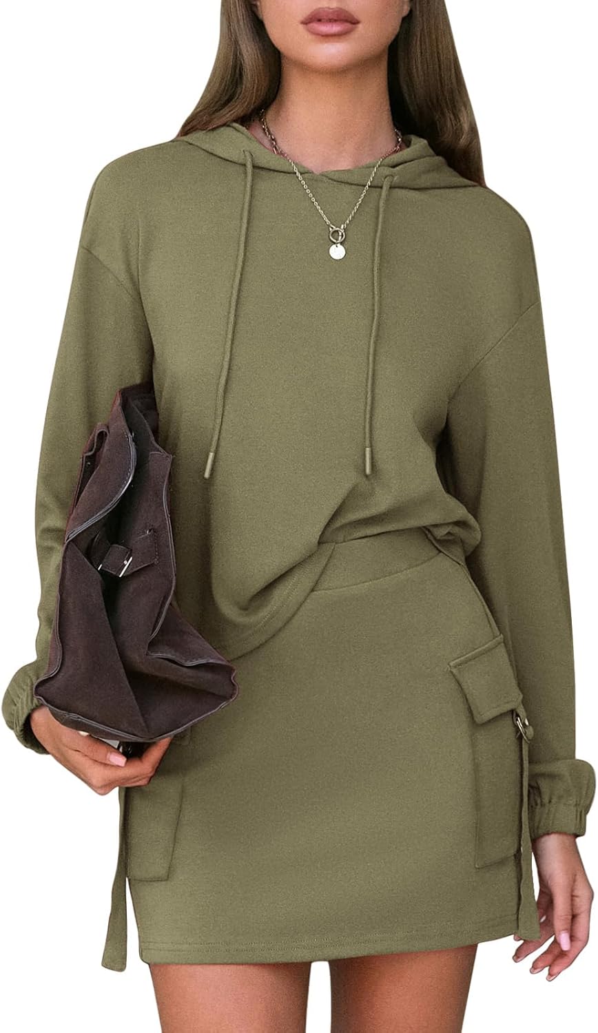 EXLURA Women Two Piece Set Cotton Sweatsuit Travel Airport Outfits 2026 Tracksuit Hooded Sweatshirt Cargo Skort Skirt Pockets