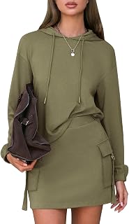 EXLURA Women's 2-Piece Sweatsuit with Hoodie & Cargo Skirt, Fall Travel Lounge Outfit