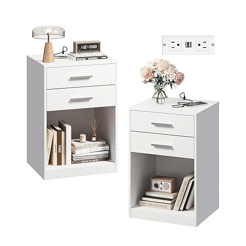 WLIVE Night Stand Set of 2 with Charging Station, Nightstands with Wood Drawers and Open Shelf, Bed Side Tables Living Room, Bedroom, Modern End Table Set 2, White - White