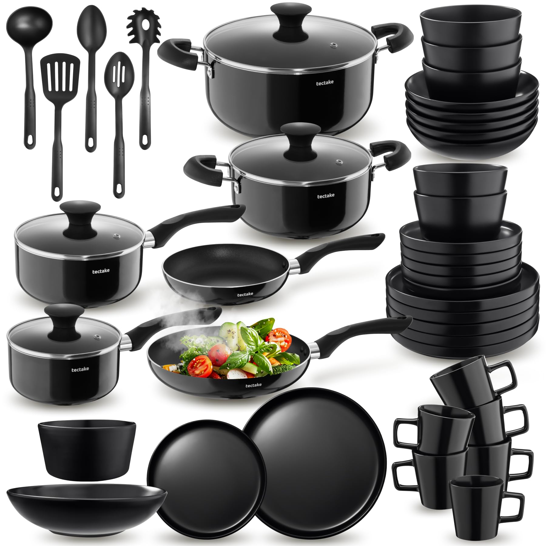tectake® Küchenstarterset 6 Personen, Steingut Geschirr Set, Teller, 4 Töpfe 2 Pfannen rostfreies Aluminium, Kochtopf Set, Töpfe Set, kratzfest, leichte Reinigung, 5 Küchenwerkzeuge - schwarz, 45-tlg