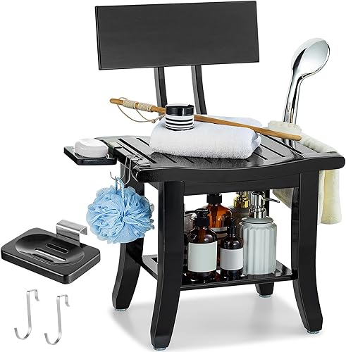 ETECHMART Banco de ducha de bambú con respaldo y jabonera, silla de ducha de 2 niveles, asiento de baño con asa para baño, bañera, personas mayores