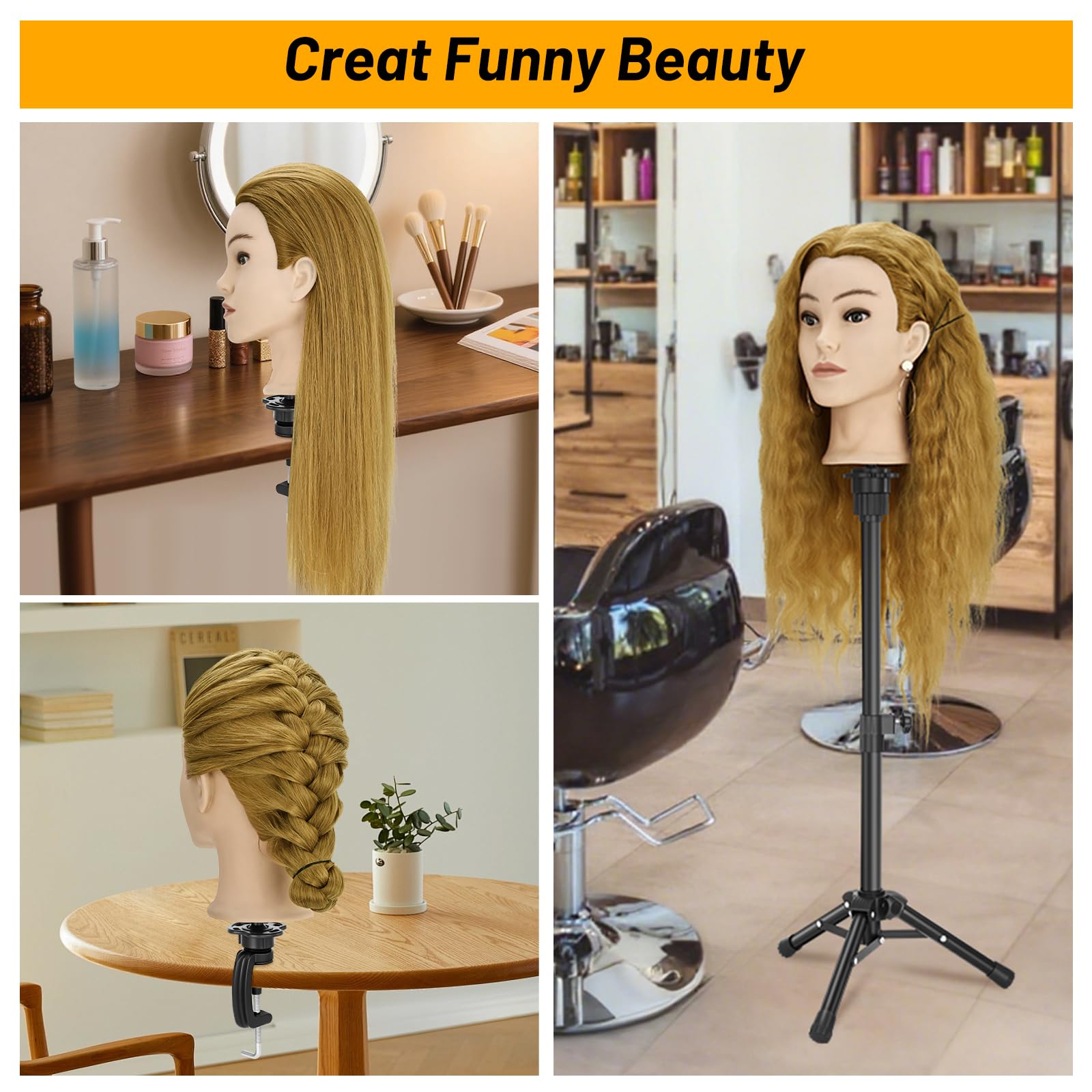 Frisierkopf Echthaar 61cm/24inch mit Stativ und Tischklemme Halter, Friseur-Werkzeug-Set