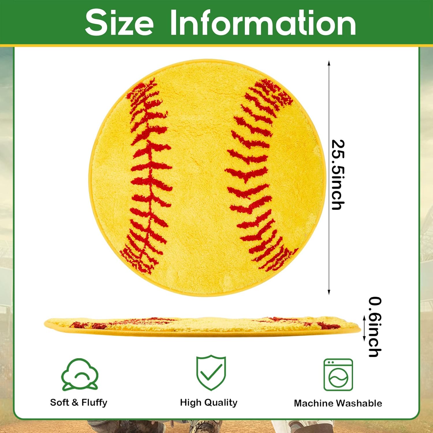 Funtery Softball Rug for Girls Room Decor, Non-Slip Washable Sports Bath Doormat, Plush Absorbent Round Carpet for Teen Bedroom, Bathroom, Locker Room and Nursery(Yellow, 25.5x25.5 Inches, Softball)