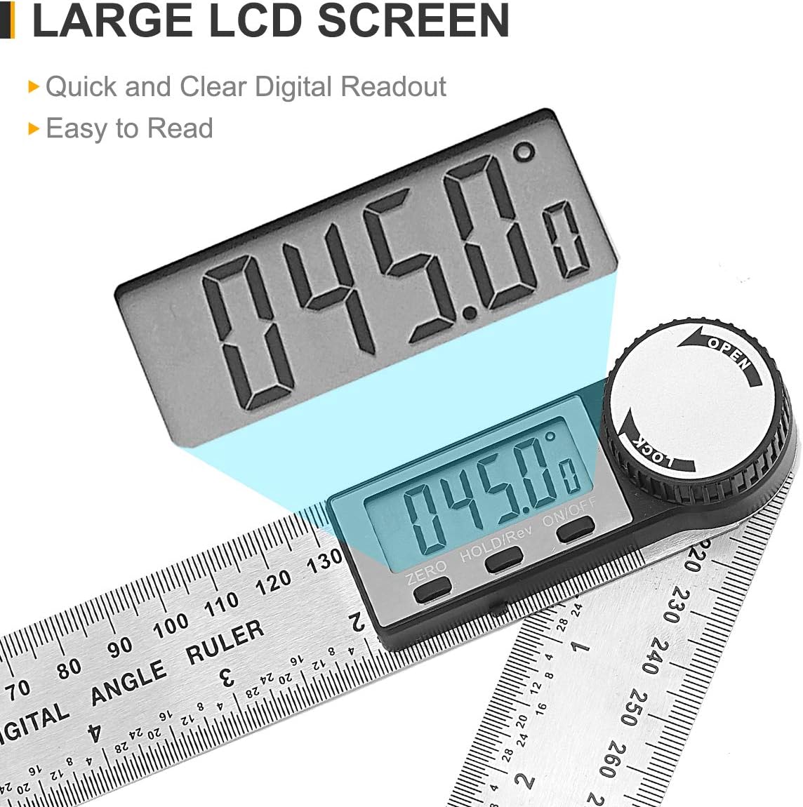 Digital Angle Finder Protractor 7inch Stainless Steel, 2-in-1 Angle Measurement Tool 360 Degree with Large LCD Display and Locking Function Angle Gauge for Woodworking/Construction/DIY