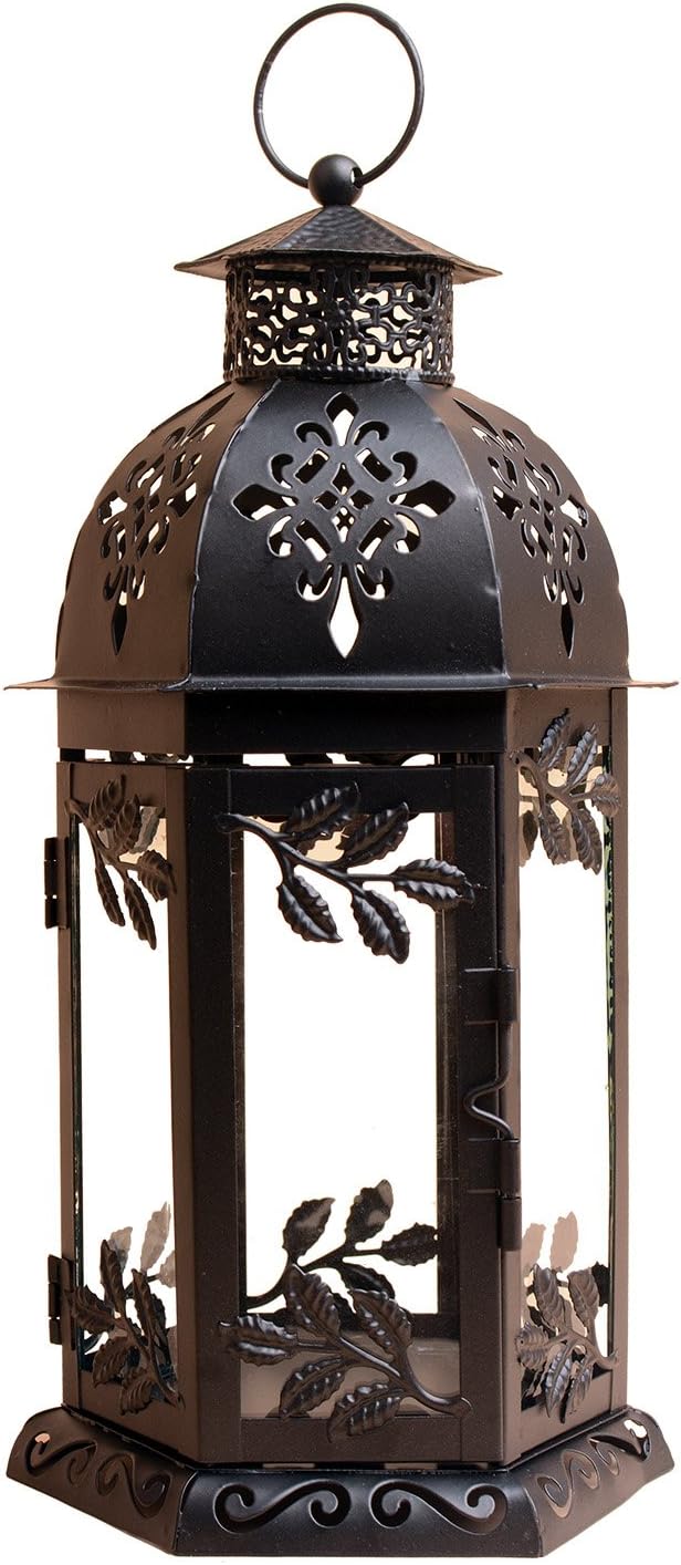 Tandi 6 Panels Decorative Glass Metal Candle Holder Lantern 11 Inch High, Black Large