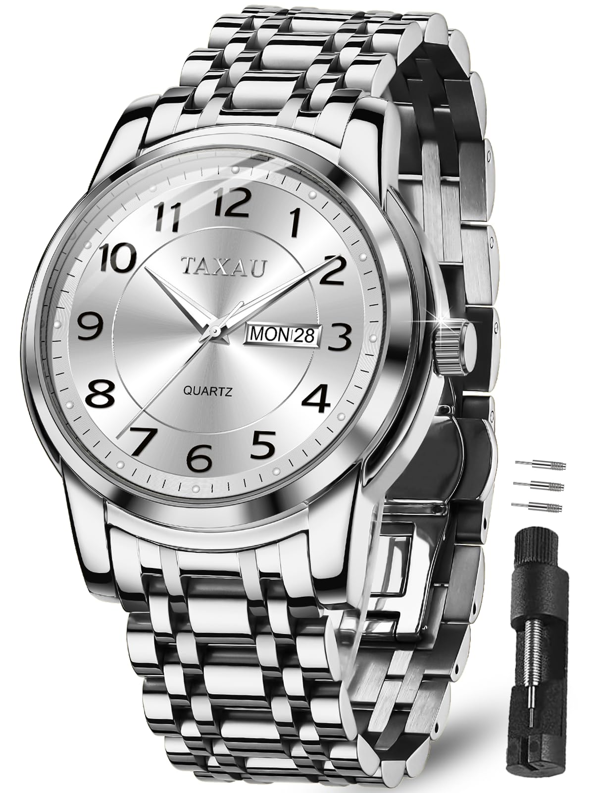 Taxau Uhr Herrenuhr Silber 3Bar Wasserdicht Luxus Analoguhr Quarz Armbanduhr Herren Edelstahl 41mm Großes Zifferblatt mit Datum Woche Klassisch Business Mode Männer Herren