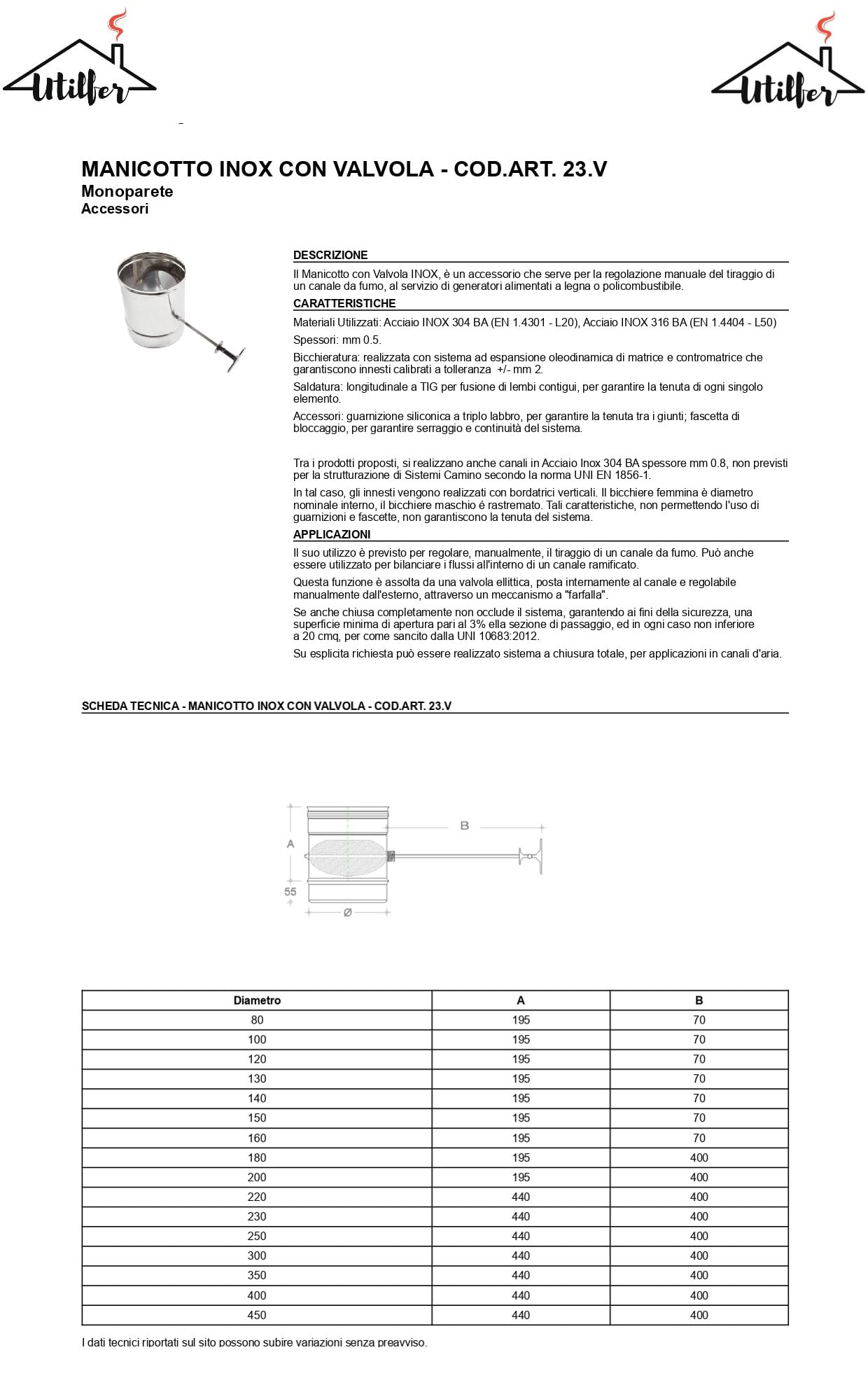 Canne Fumarie Manicotti Tubi Acciaio Inox Aisi 304 Cm 19X0, 5Mm CON VALVOLA MASCHIO - FEMMINA, 150