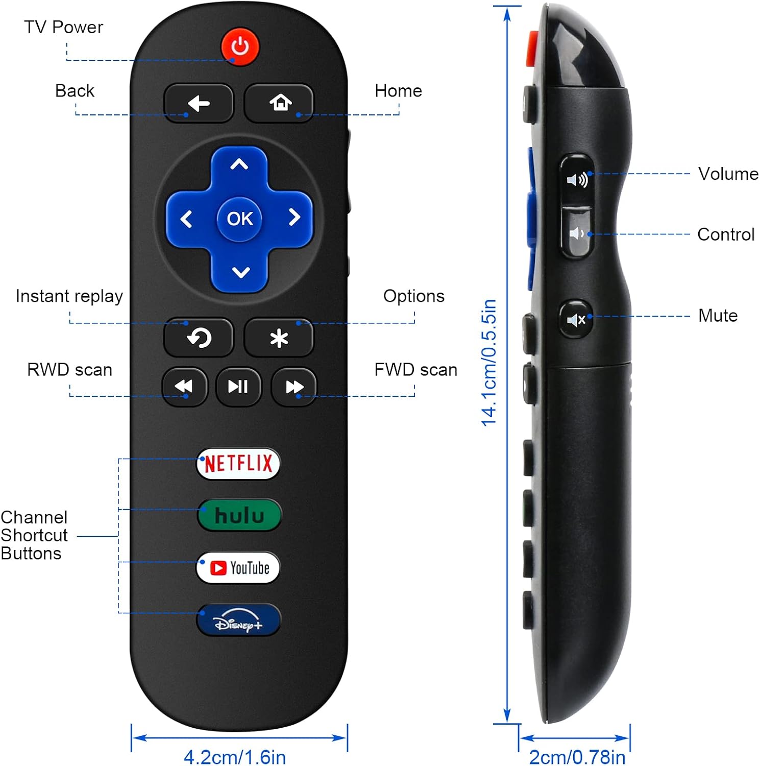 2 Pack Universal Replacement TV Remote Control for Roku TV, for TCL/Hisense/Sharp/Philips/Onn/Element/Insignia Roku TV,with Shortcut Buttons Netflix/Disney+/Hulu/YouTube (NOT for Roku Stick or Box)