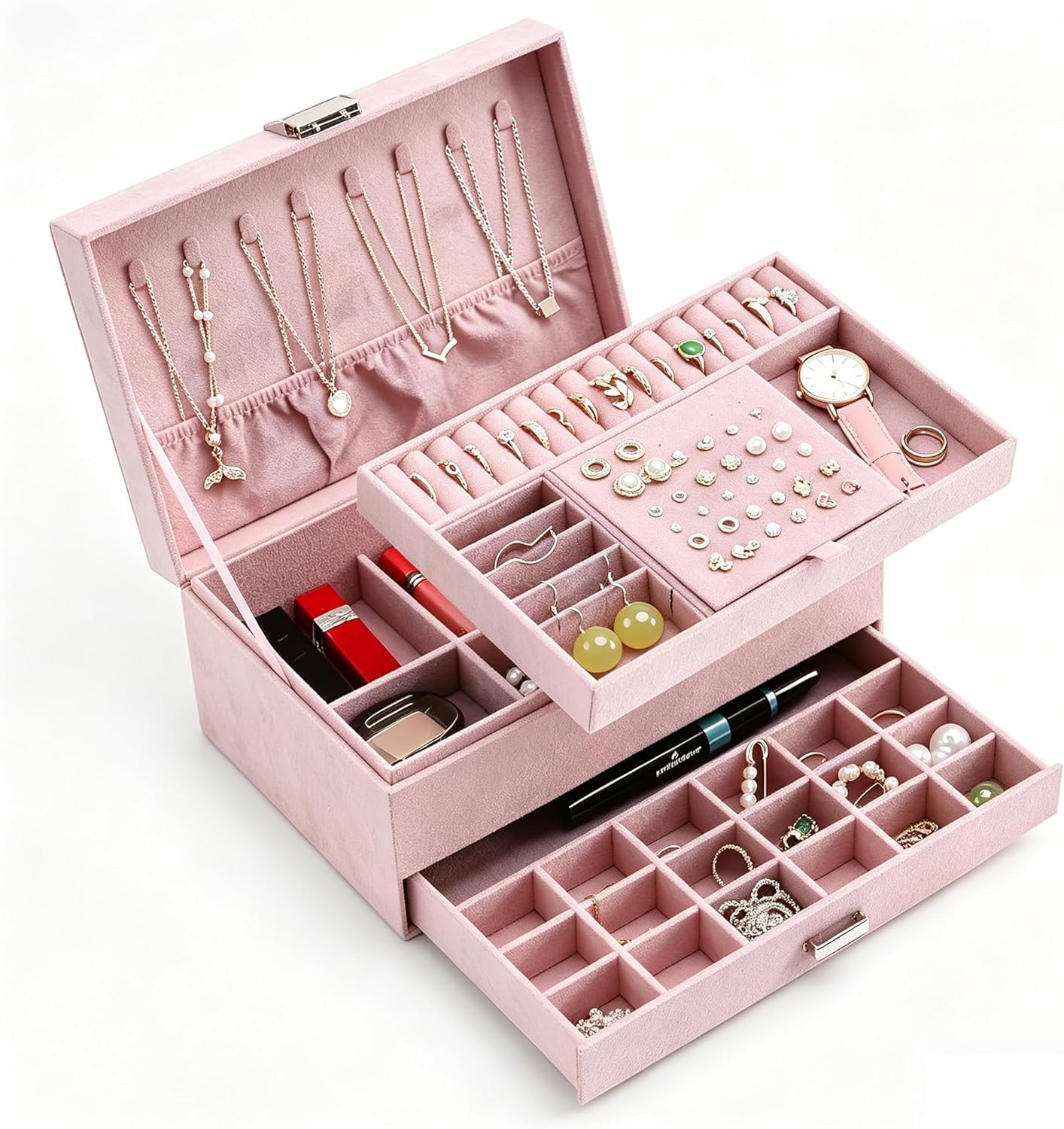 Boîte de rangement à bijoux rose à 3 niveaux et compartiments amovibles
