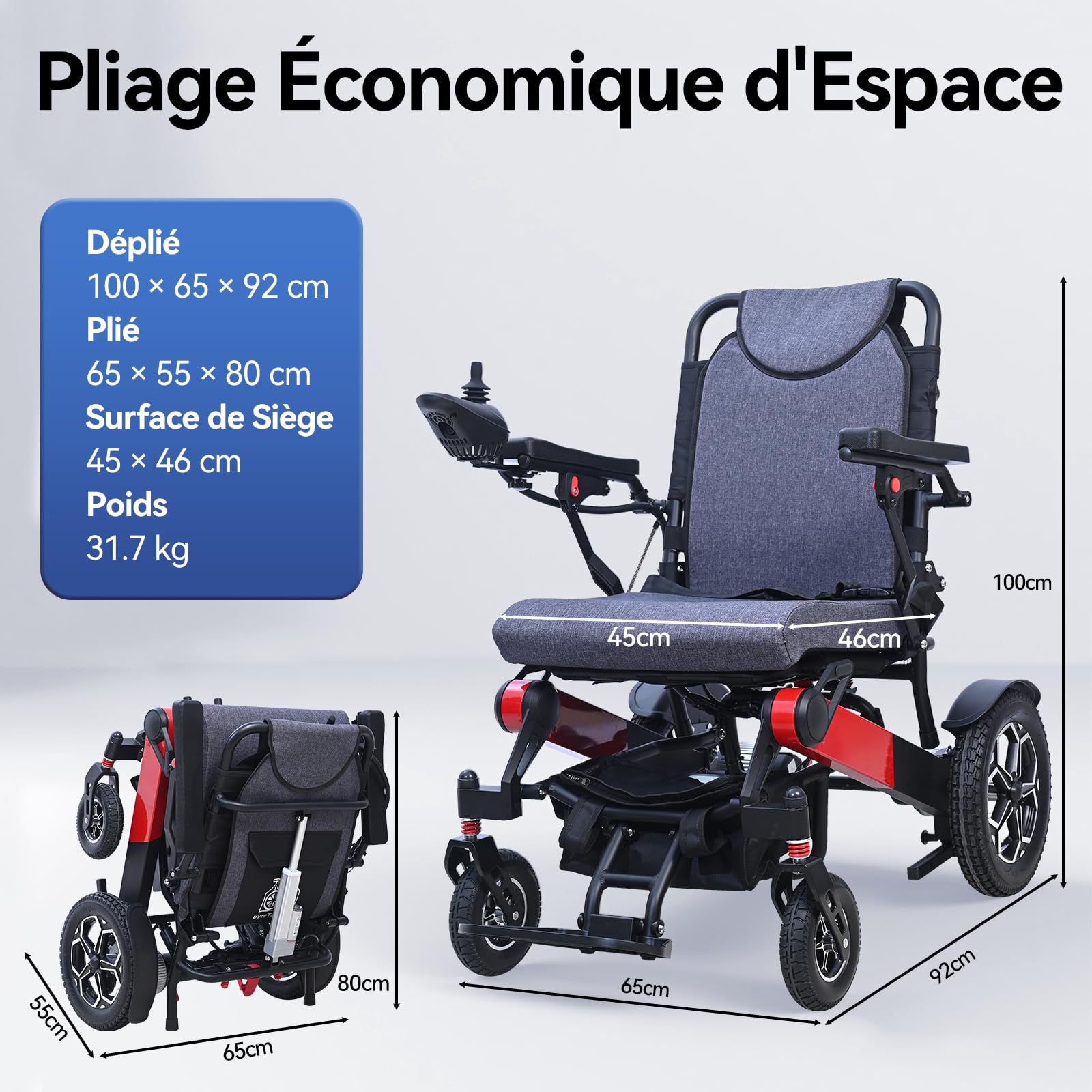 D15 Fauteuil Roulant Électrique Pliable Léger - 500W, Autonomie 20KM, Dossier Inclinable 165°, Repose-pieds Réglable en Hauteur pour Personnes Âgées jusqu'à 150KG