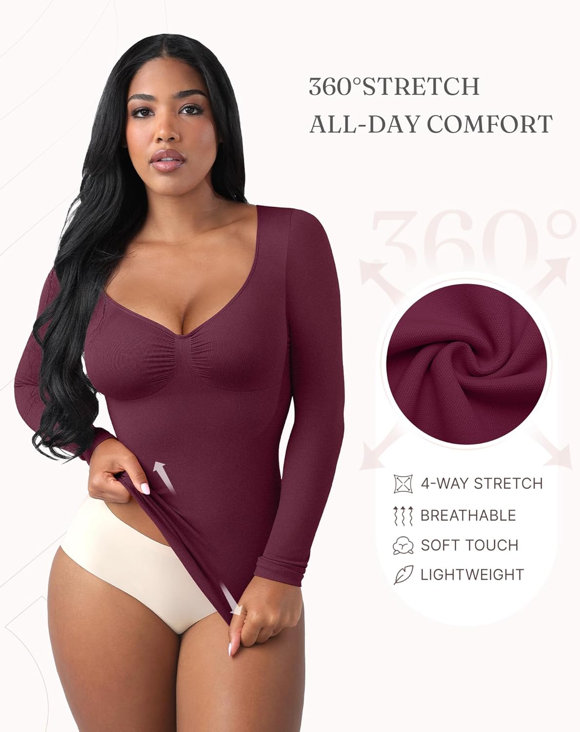 FeelinGirl Womens Shapewear Tummy Control Tops: Long Sleeve Compression Shirts for Women Slimming Body Shaper V Neck Shirt - Image 6