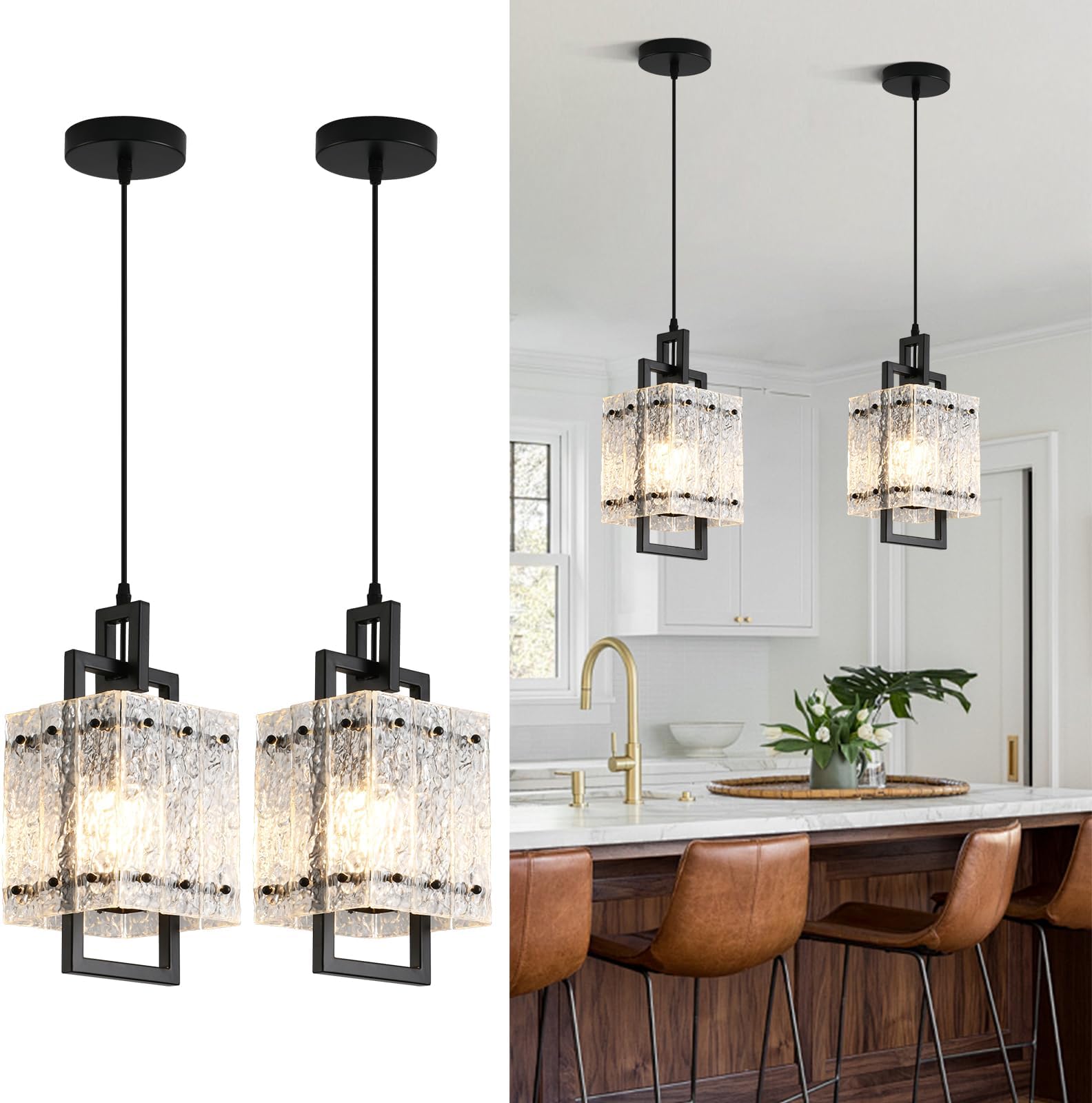 Modern Pendant Lights Kitchen Island 2 Pack Matte Black Pendant Lights Water Ripple Glass Square Pendant Lighting Over Island Hanging Pendant Light Fixtures for Kitchen Dining Room Hallway Foyer