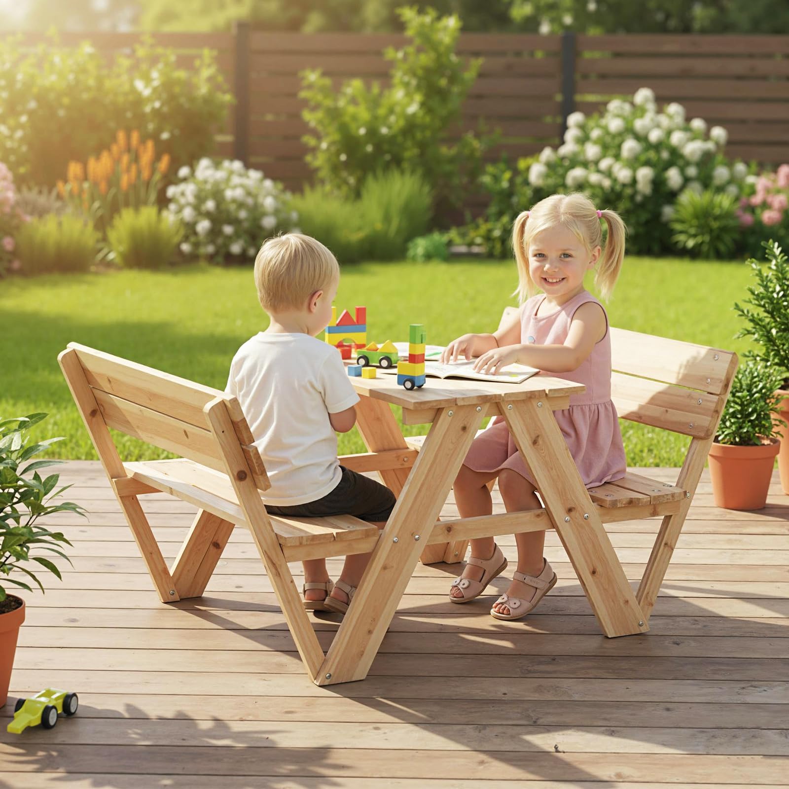 COSTWAY Kinder Picknicktisch, Kindersitzgruppe Outdoor mit Tisch & 2 Sitzbänken, Kindersitzgarnitur Garten für bis zu 4 Kinder, Sitzgruppe Gartenmöbel aus Holz für Jungen & Mädchen ab 3 Jahren