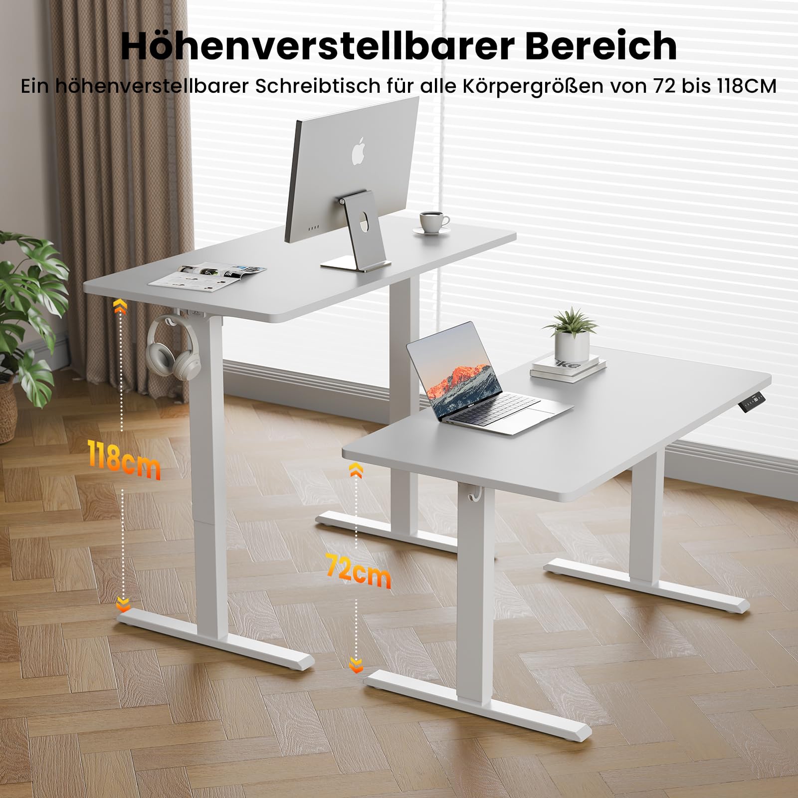 WALKINGDESK Höhenverstellbarer Schreibtisch 120 x 60 cm, Weiß | Elektrischer Stehschreibtisch, 4 Speicherpositionen, Zweiteilige Tischplatte, Computertisch mit 2 Haken für Homeoffice
