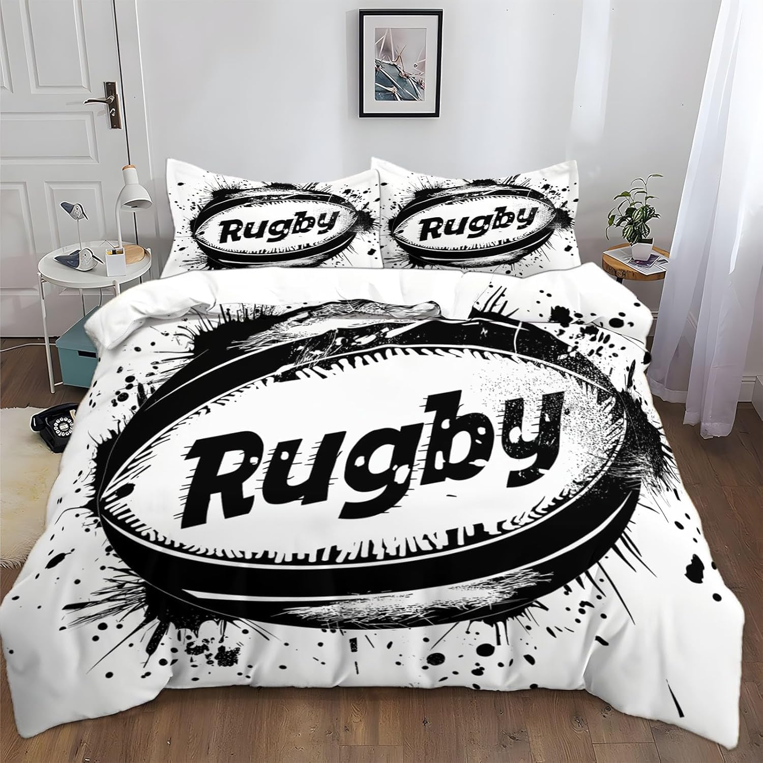 Housse de couette 220x240 rugby en microfibre imprimée avec 2 taies d'oreiller