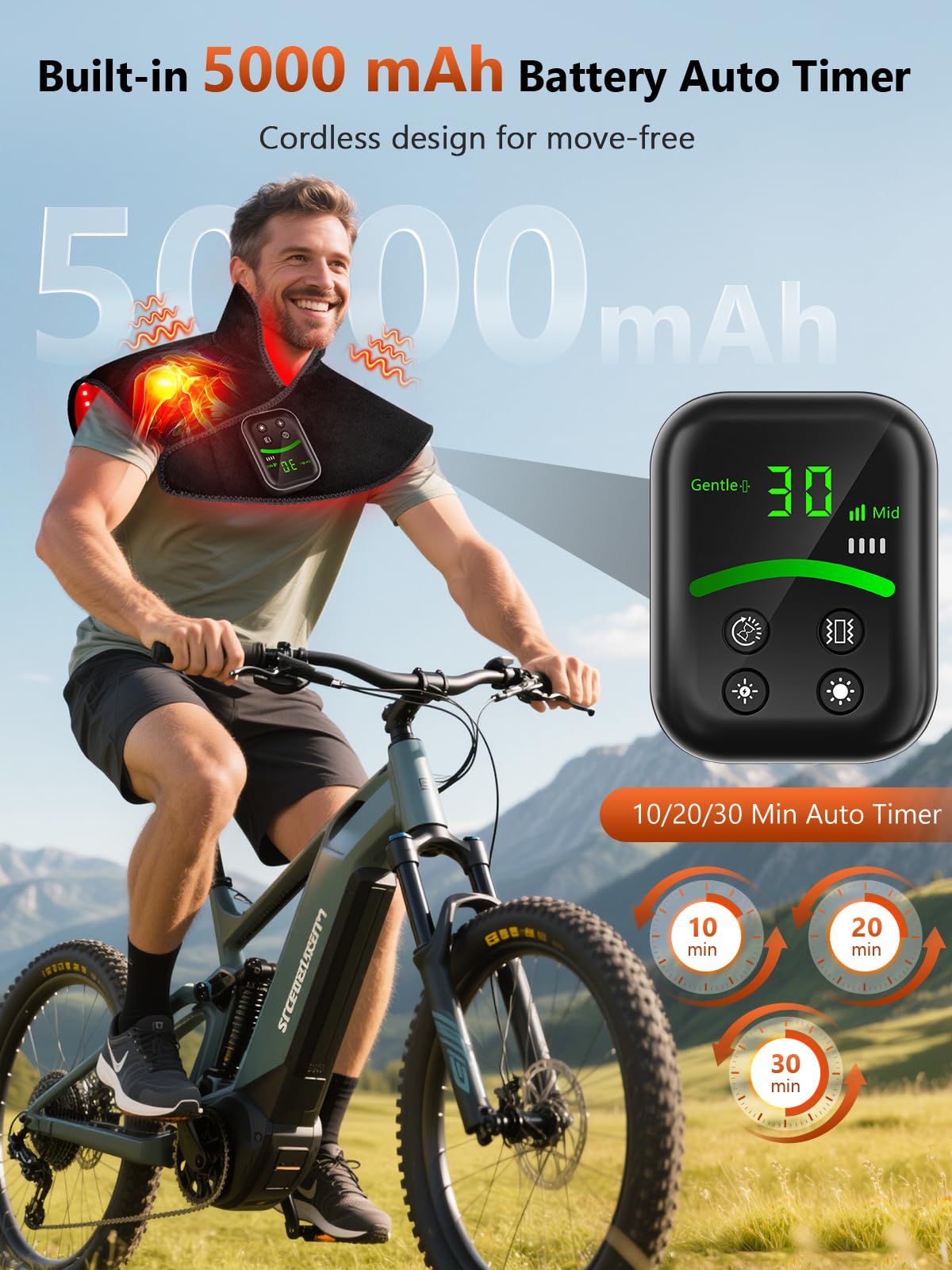 RELEXNOW Terapia de luz roja cálida para masaje de hombros y cuello, batería de 5000 mAh, inalámbrica, almohadilla terapéutica infrarroja para el cuerpo, almohadilla térmica