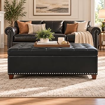 Storage Ottoman Bench with Wooden Legs, Upholstered End of Bed Ottoman with Hidden Storage for Bedroom & Living Room, Black