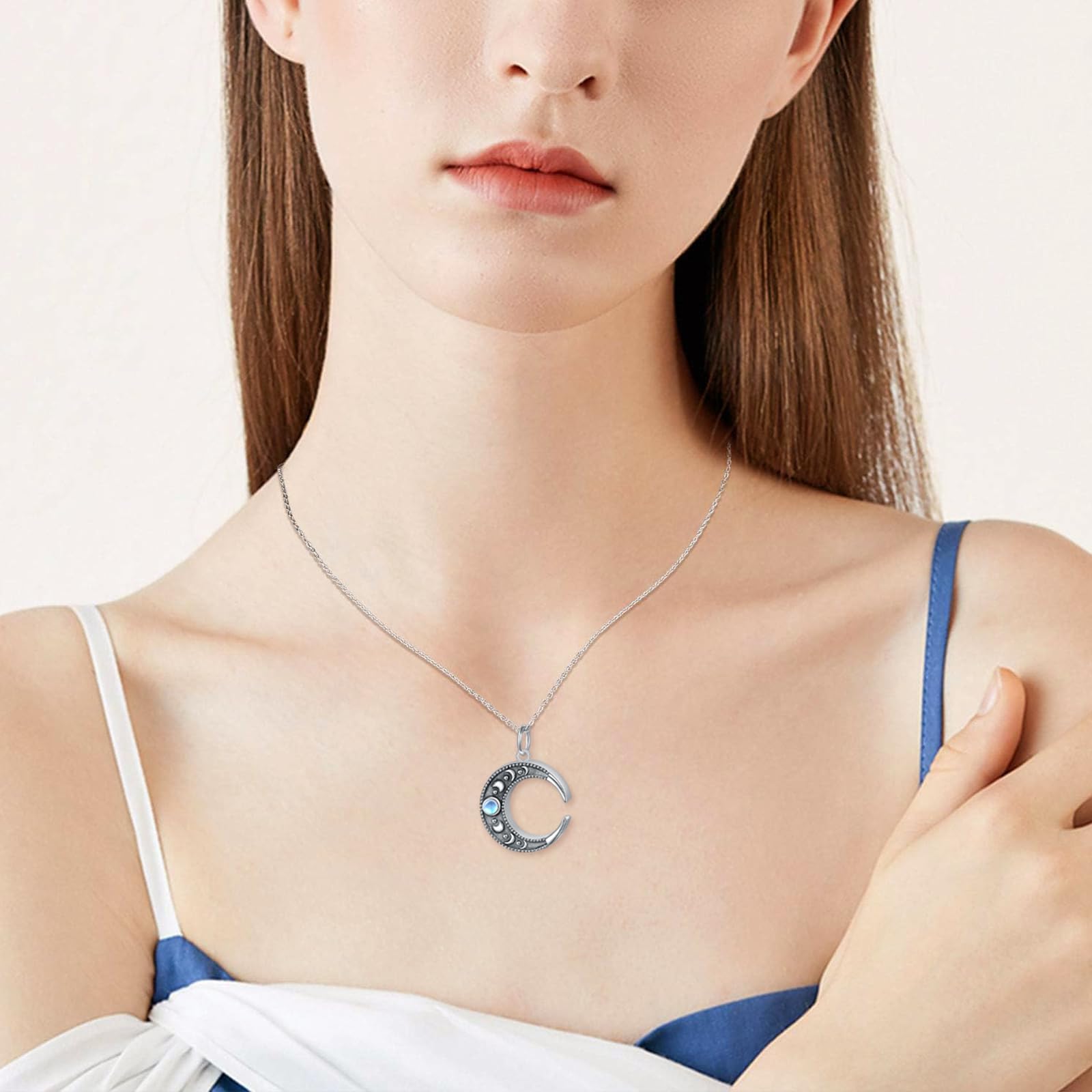 Mondstein Urn Halskette für Asche 925 Sterling Silber überzogene Halbmond Phase Halskette Mond Phase Charm Kreis Mond Anhänger Halskette für Frauen Mond Schmuck Asche Andenken Anhänger Memorial