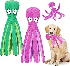 2 PCS Squeaky Dog Toys, Octopus Dog Toy with Crinkle Paper Plush Dog Teeth Cleaning Durable Dog Toys for Large Dogs Medium Dogs Playing(Purple+Green)
