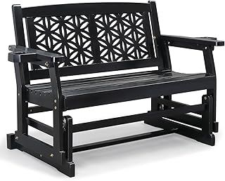 VINGLI Fir Wood Outdoor Glider with Floral Backrest, Wooden Patio Gliding Bench with Cup Holders, Smooth Rocking Chair for Garden, Yard & Porch (Black, 4FT)