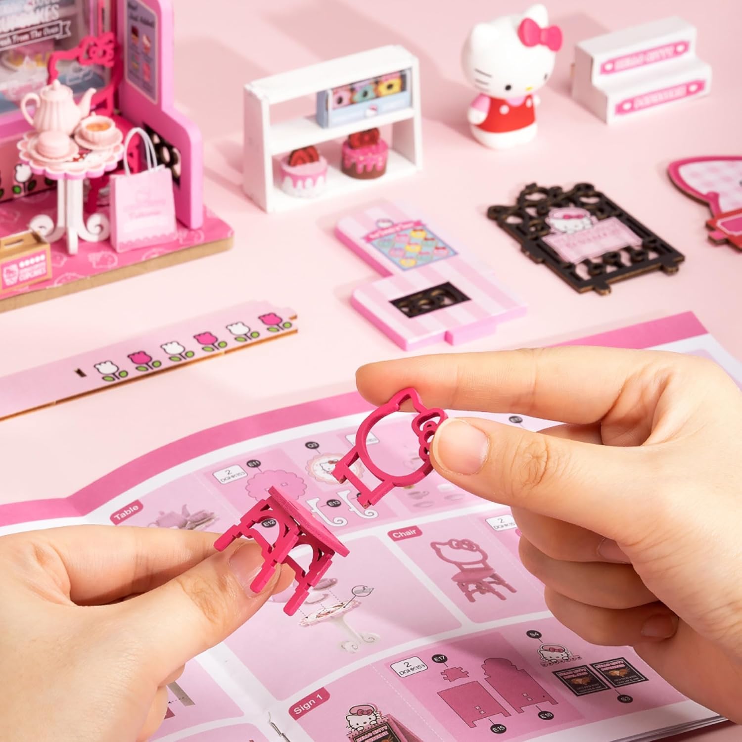 Hands Craft Hello Kitty Patisserie Miniature House Kit with Hello Kitty Figurine – Kawaii 3D Puzzle with Switch Activated LED Lights – DIY Wooden Craft Kit for Bedroom or Bookshelf Decor & Gifts