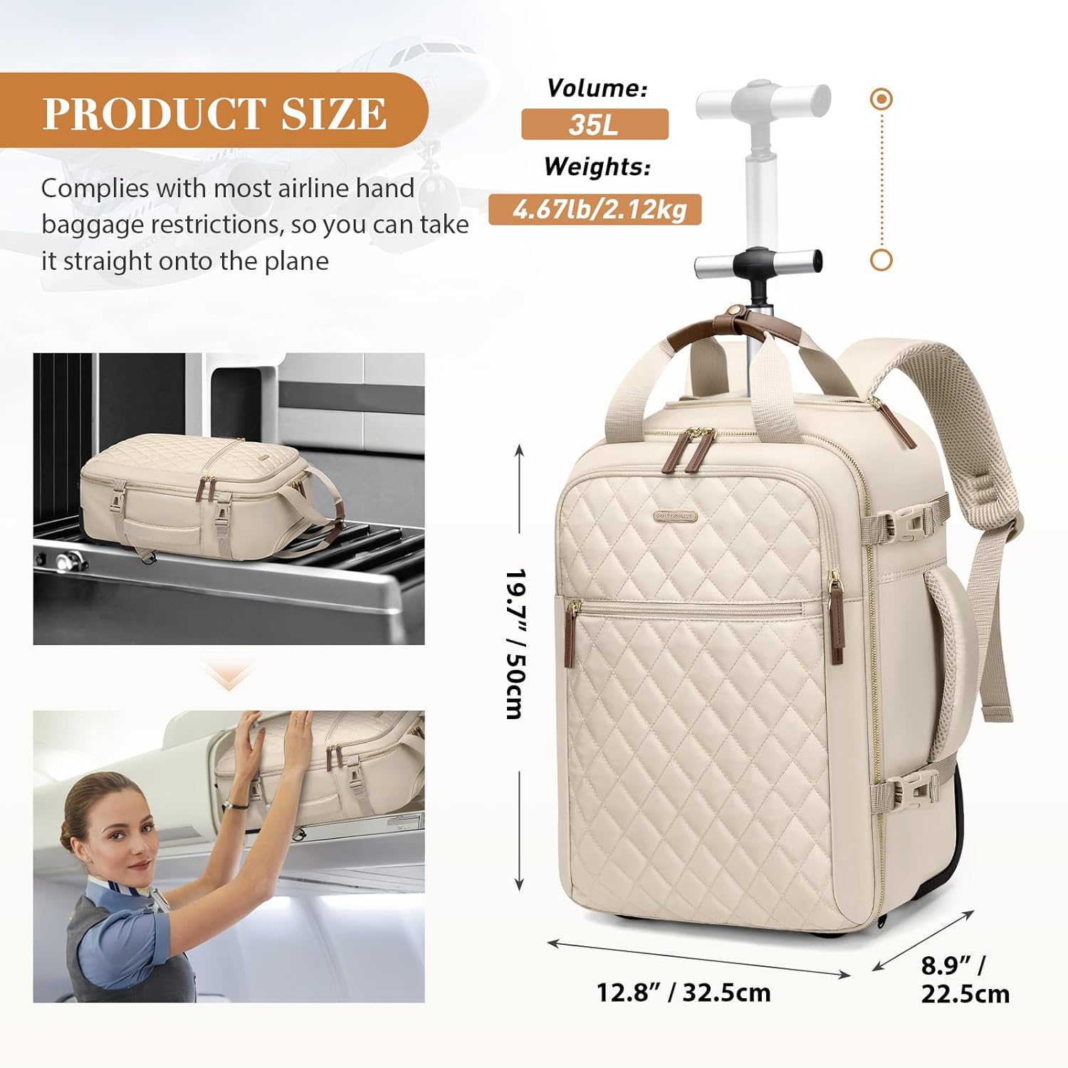 Rolling Backpack for Women,Travel Laptop Backpack with Wheels Roller Personal Item Backpack Wheeled Underseat Carry On Luggage,Fit 17Inch,Apricot - Image 2