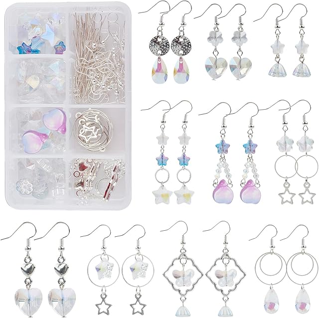 SUNNYCLUE 1 Box DIY 10 Pairs Earring Making Kits Jewelry Pendant Set Double Colors Transparent Dangle Include Glass Beads Alloy Links Connectors Charms Brass Linking Round Earring Hooks