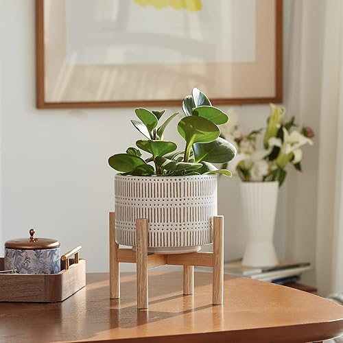 Miniatura 8 de LA JOLIE MUSE Maceta de cerámica con soporte de madera, maceta decorativa redonda moderna de 7.3 pulgadas para interiores con soporte para maceta de