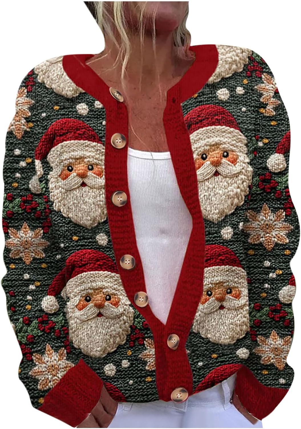 Christmas Sweaters for Women by Yihaojia – Long Sleeve Xmas Funny Print Knitted Cardigans with Casual Button Up for Plus Size Comfy Jackets