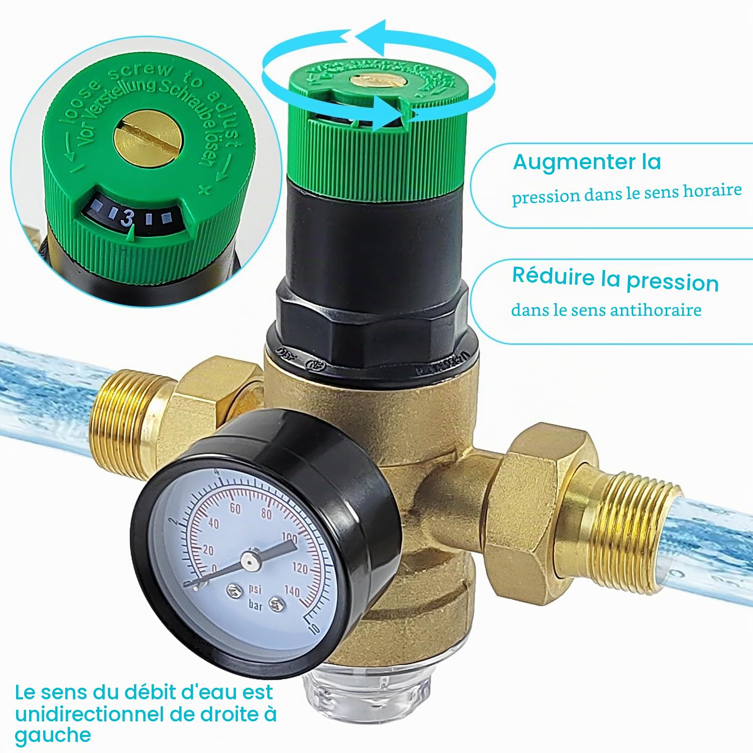 1/2 Pouce Ajustable Reducteur de Pression Eau, DN 15 Laiton épaissi Limiteur de Pression, Réducteur de Pression Eau Avec Filtre et Manomètre, Applicable à La Maison, Le Bâtiment, L'usine