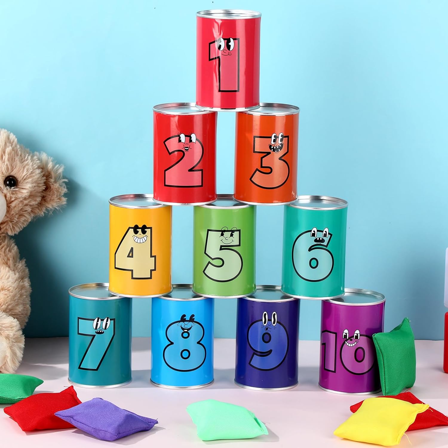 ShinyRelief 13 Pcs of Bean Bag Toss Game Carnival Knockdown Can Throwing Game Sets 10 Tin Cans with Expression or Number Pattern and 3 Bean Bags for Easter Kids Outdoor Lawn Yard Activities