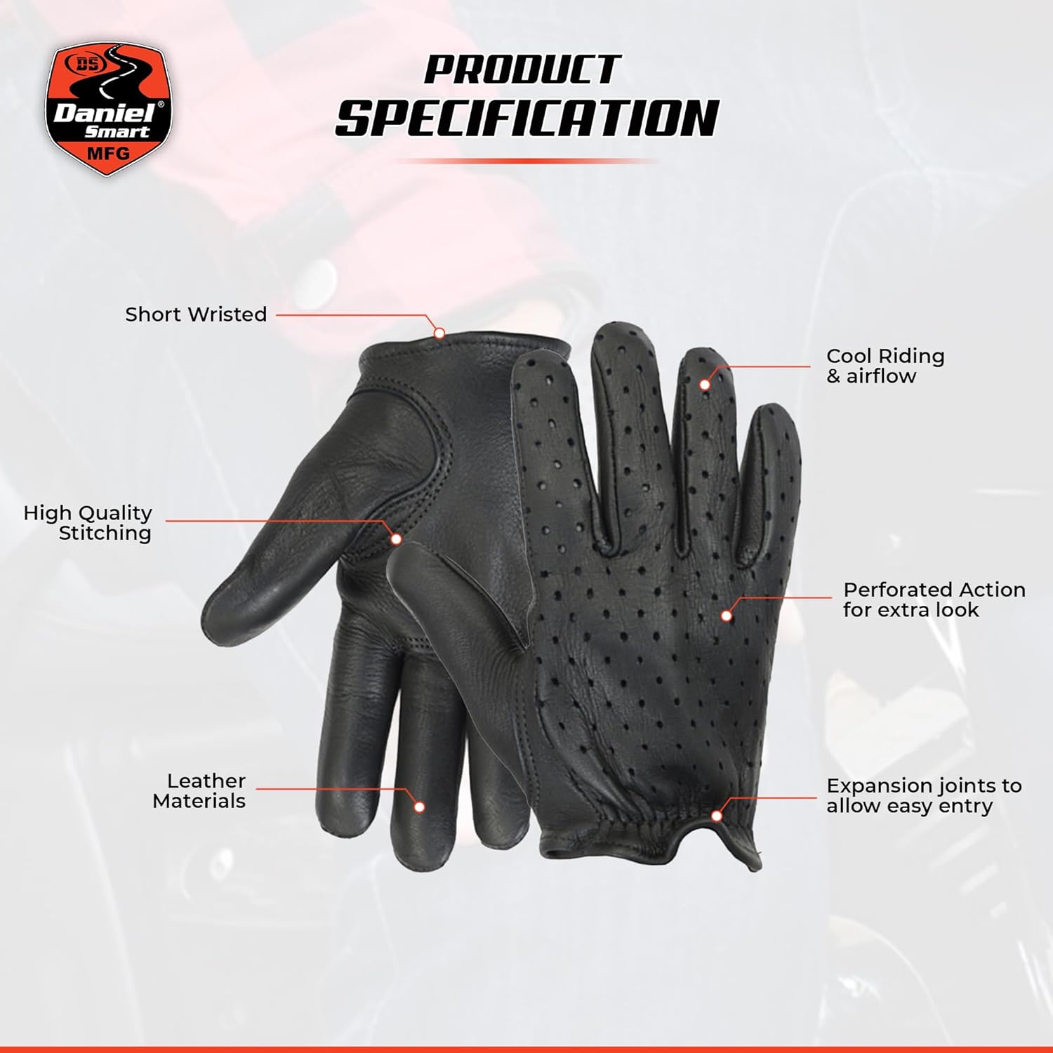 Daniel Smart Men’s Leather Gloves– Naked Goat Perforated Action Motorcycle Leather Gloves with Extra Air Flow and Short Wrist