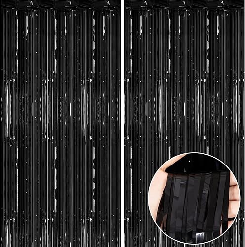 Telón de fondo negro con flecos de 6.6 x 6.6 pies, paquete de 2 cortinas de flecos de papel aluminio negro para fiesta de cumpleaños, fiesta de