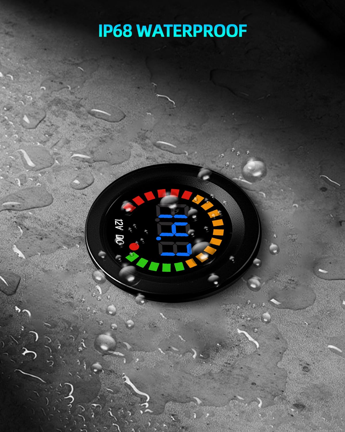Waterproof DC 12V Voltage Meter, LED Digital Display Voltmeter Gauge Panel, Round Battery Monitor with Wires & Terminals & Srews, for Marine Car Automotive Vehicle Truck Boat RV ATV UTV, Short Body