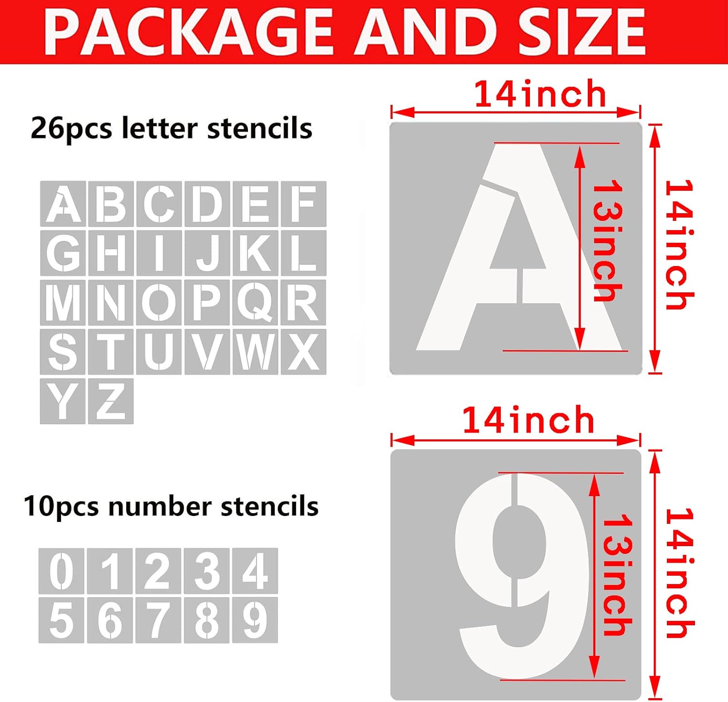 YEAJON 14 Inch Letter Stencils and Numbers, 36 Pcs Alphabet Art Craft Stencils, Reusable Plastic Templates for Wood, Wall, Fabric, Rock, Signage, DIY Art Projects