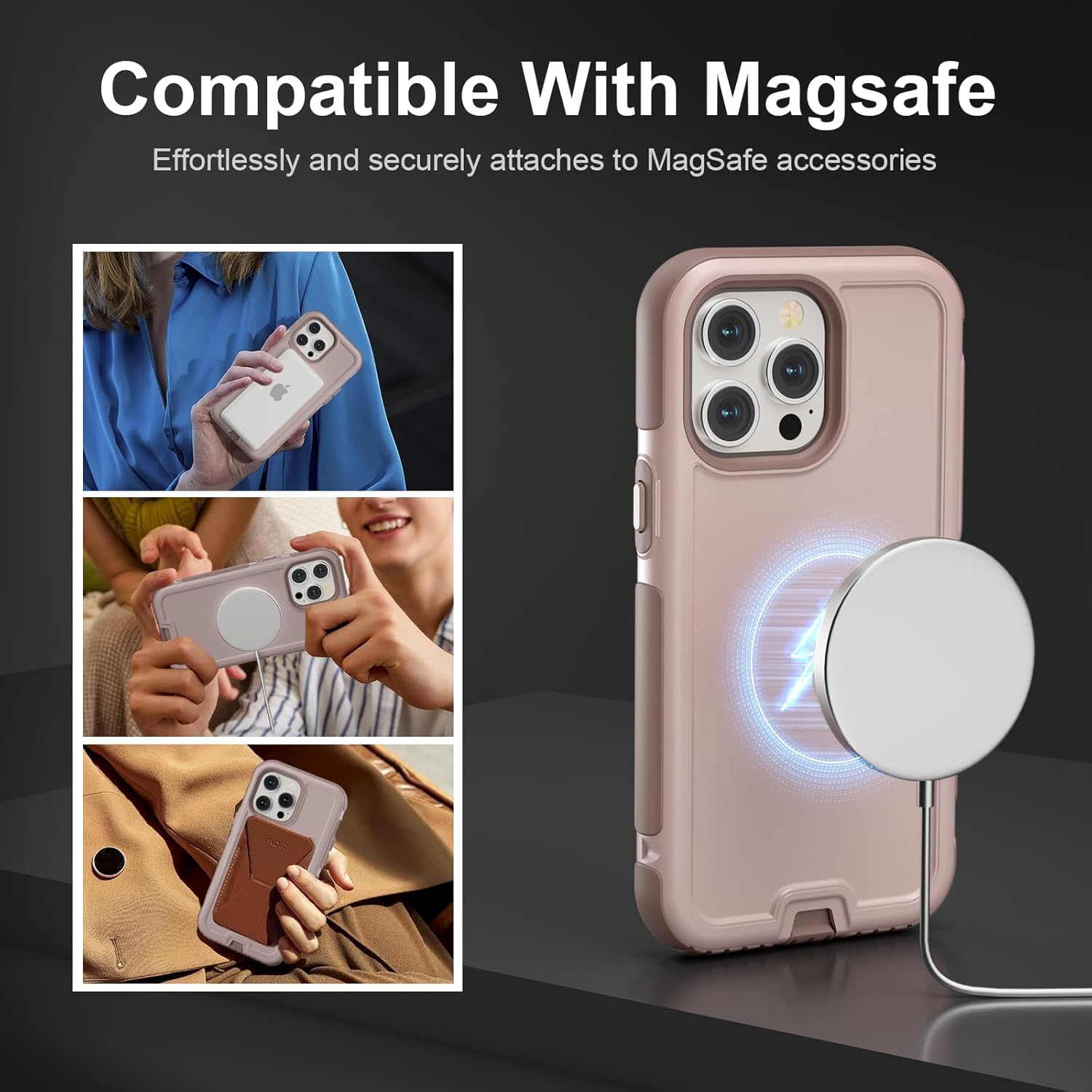 Follaroma for iPhone 14 Pro Max Case, Compatible with MagSafe, Heavy Duty Shockproof Protective Phone Case, Anti-Drop Protection, Dual Layer Magnetic Phone Cover for iPhone 14 Pro Max,6.7",Brown Pink